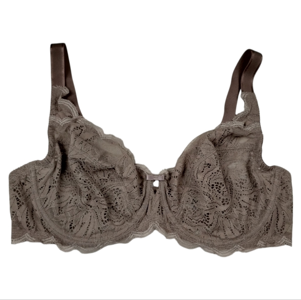 Paramour By Felina Peridot Lace Bra Size 38D Brown Taupe Unlined Sheer Underwire